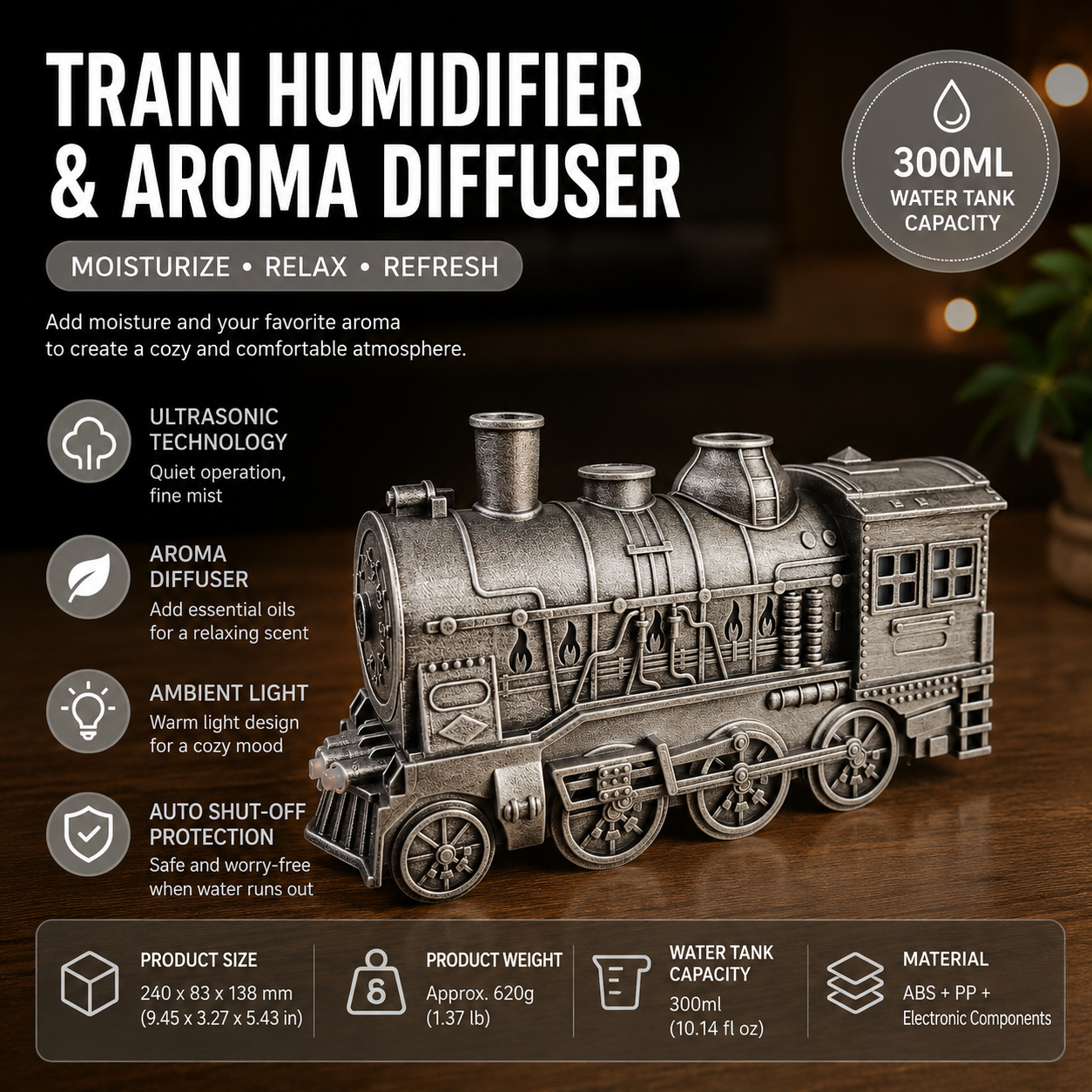 Retro Train Humidifier 300ml Ultrasonic Aroma Diffuser LED Night Light Silver