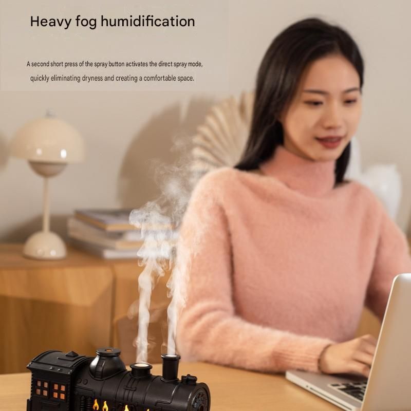 Retro Train Humidifier 300ml Ultrasonic Aroma Diffuser LED Night Light Silver