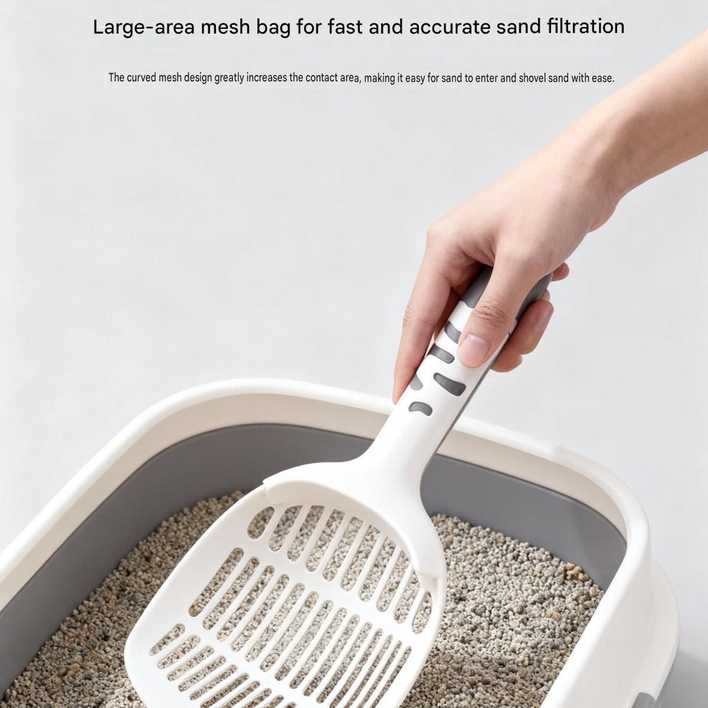 White Large-surface cat litter scoop—made of PP material, featuring a fine-mesh design and an ergonomic handle; 28 cm in length. Suitable for tofu litter and clumping litter; an easy-to-clean tool for clearing away pet waste