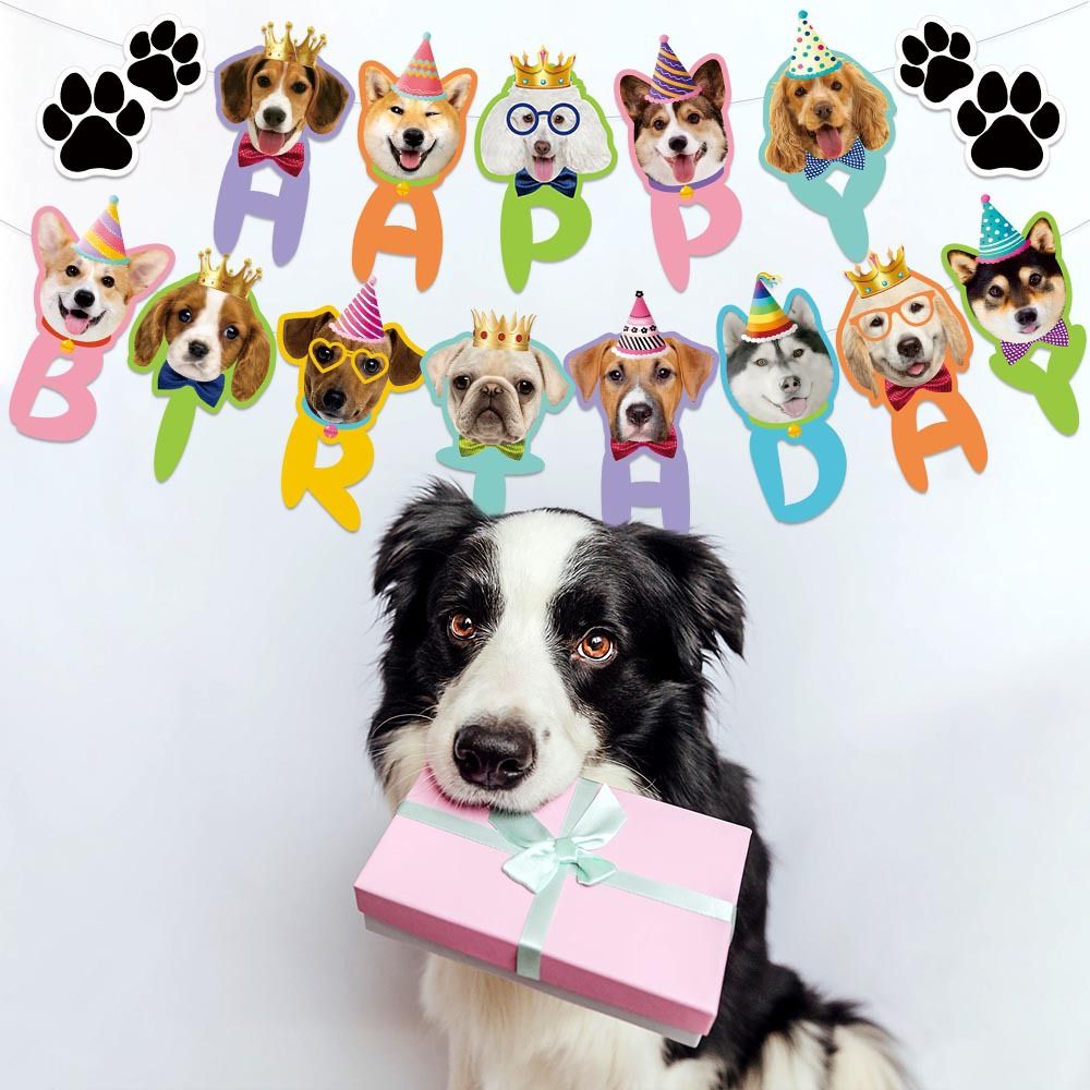 Blue Dog Birthday Party Decoration Set - Puppy Themed Banner, Adjustable Party Hat, Sequin Bow Tie and Bandana Scarf for Pet Celebration