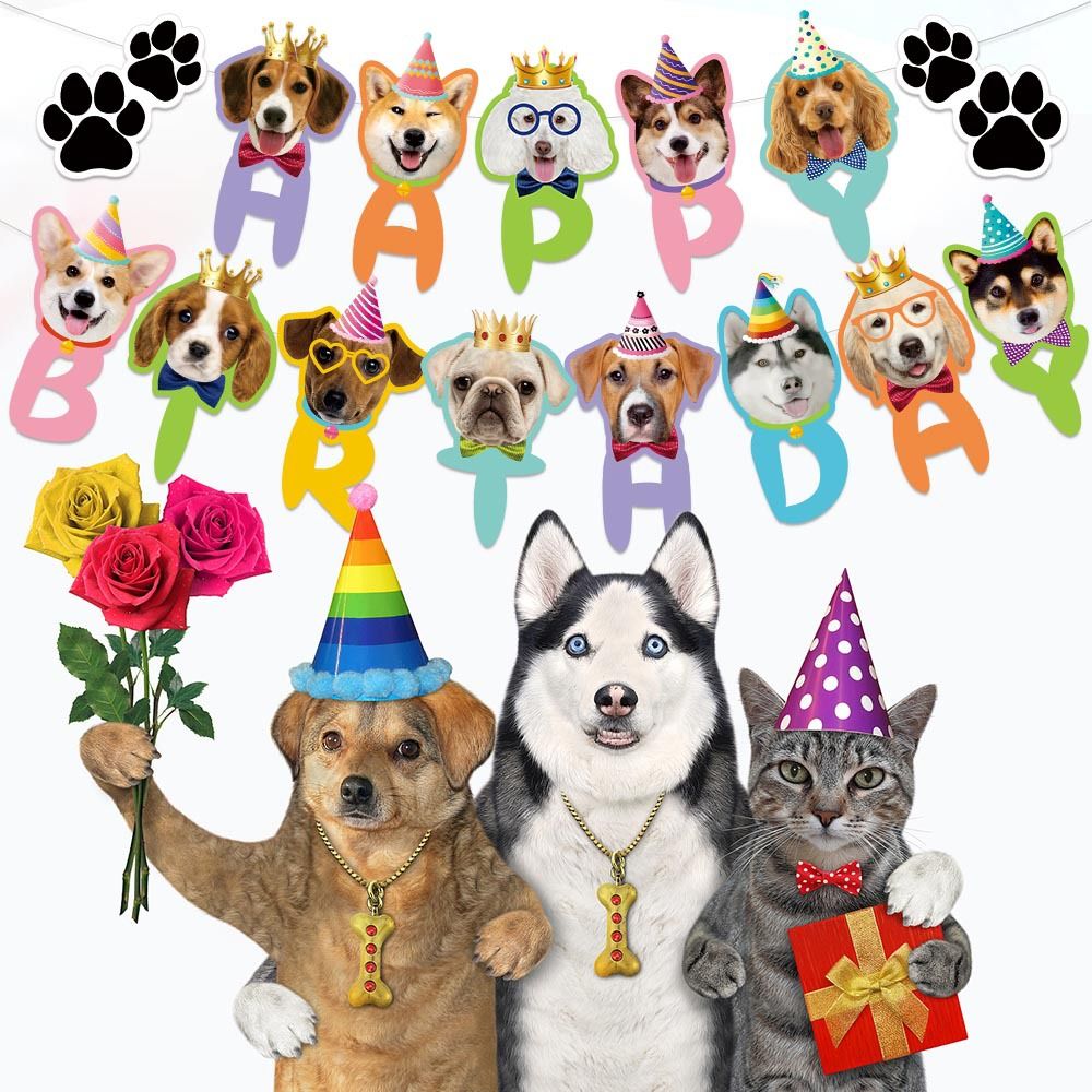 Blue Dog Birthday Party Decoration Set - Puppy Themed Banner, Adjustable Party Hat, Sequin Bow Tie and Bandana Scarf for Pet Celebration