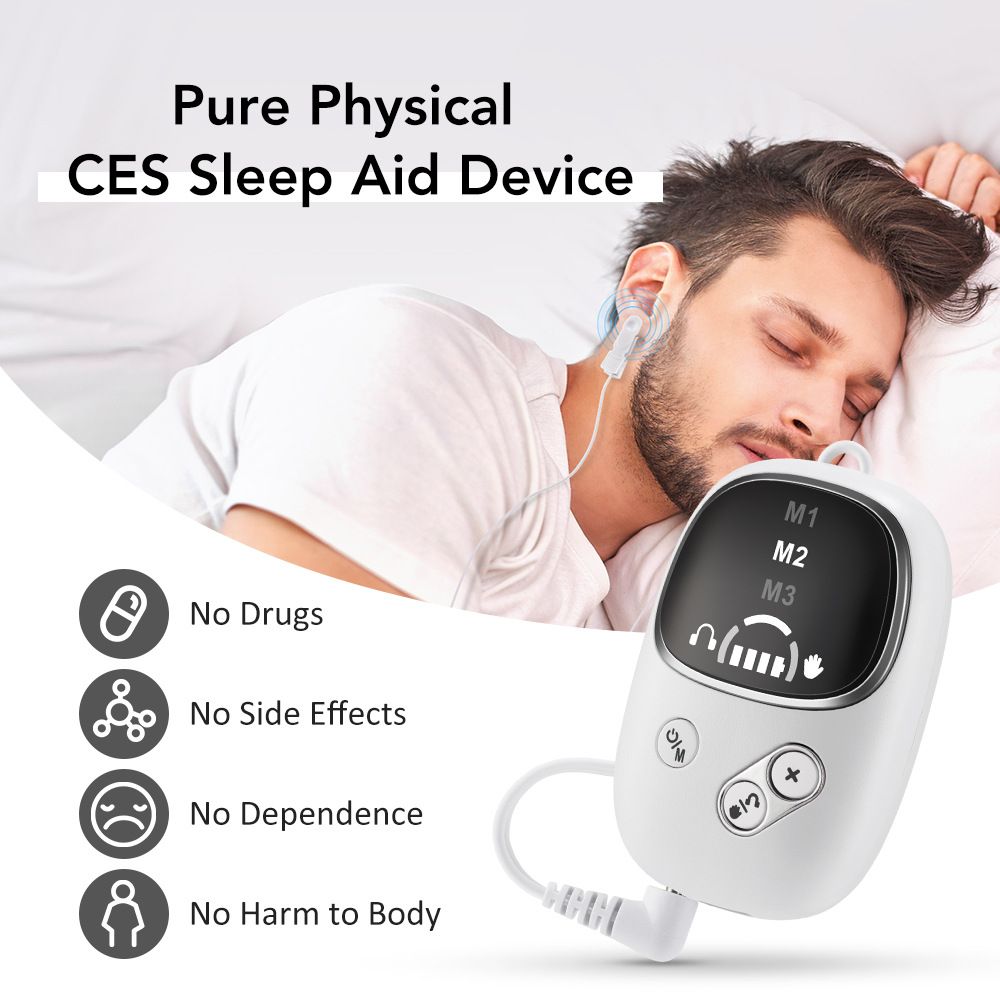 Home and Travel Sleep Aid Bundle - White Dual Mode CES Microcurrent Sleep Aid  Device and Grey Gravity Eye Mask, USB Rechargeable Handheld and Ear Clip Unit, 72cm Light Blocking Polyester Cover for Deep Rest and Travel