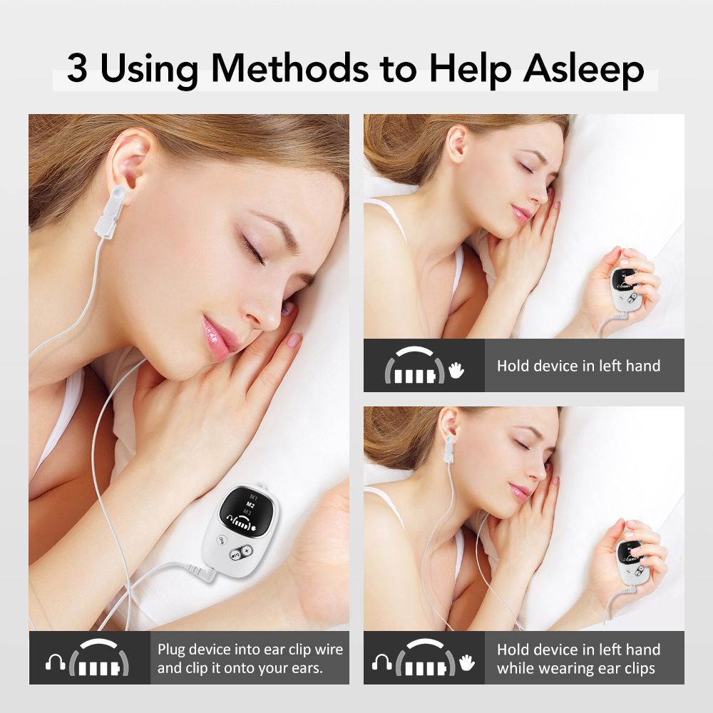 Home and Travel Sleep Aid Bundle - White Dual Mode CES Microcurrent Sleep Aid  Device and Grey Gravity Eye Mask, USB Rechargeable Handheld and Ear Clip Unit, 72cm Light Blocking Polyester Cover for Deep Rest and Travel