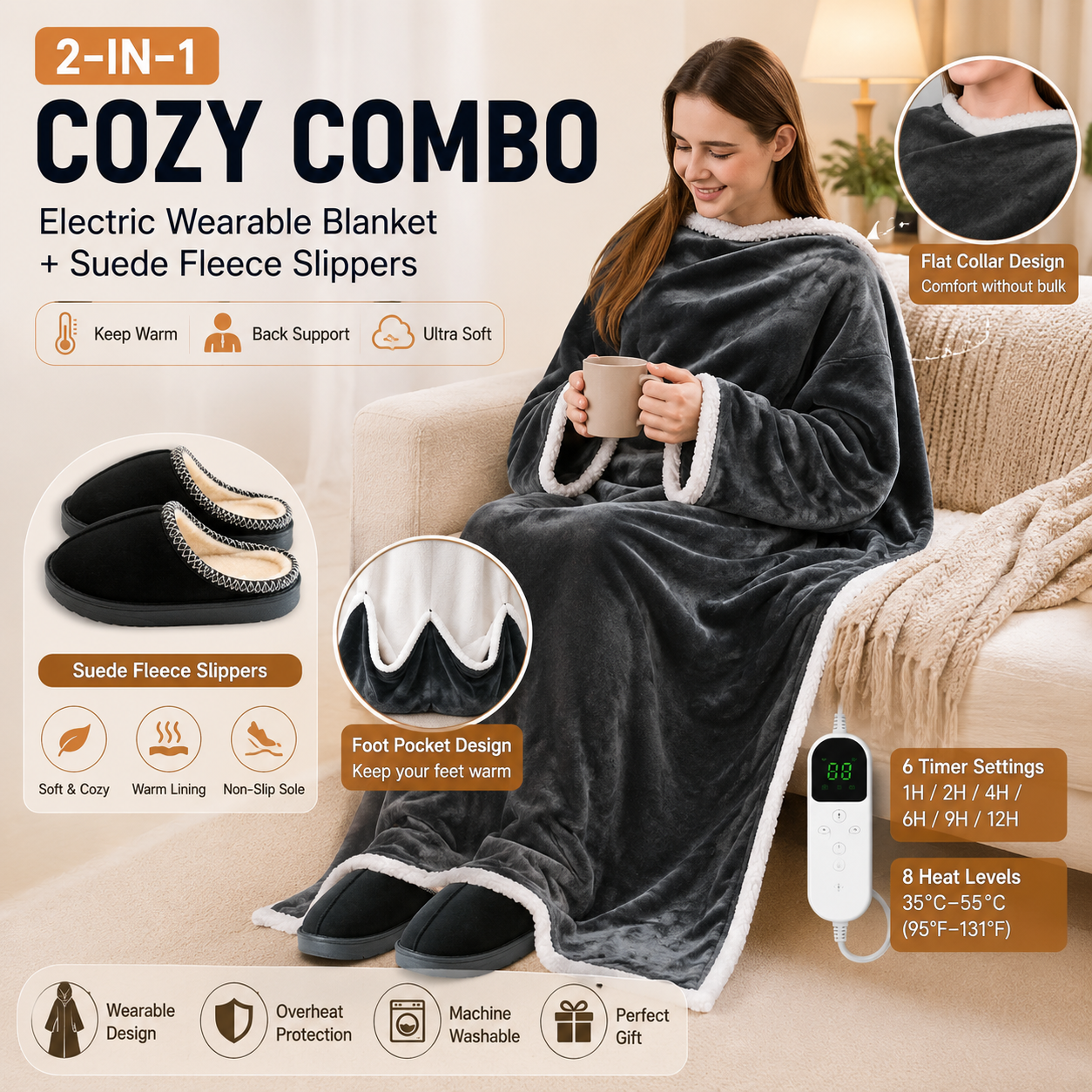 Wearable Electric Heated Blanket with Foot Pocket 127x177cm and Suede Fleece Slippers Set AU 5-6, Winter Warm Home Comfort Bundle
