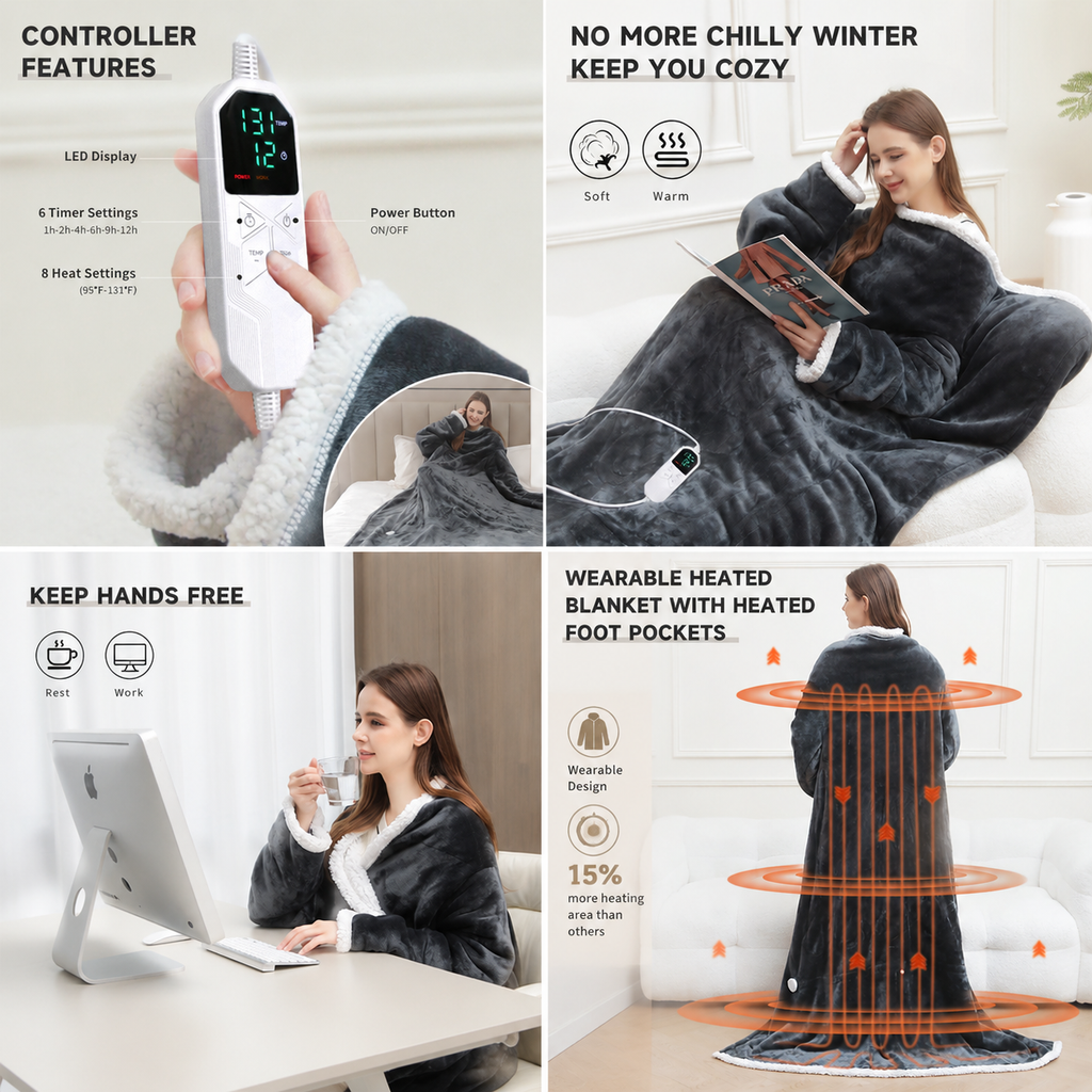 Wearable Electric Heated Blanket with Foot Pocket 127x177cm and Suede Fleece Slippers Set AU 5-6, Winter Warm Home Comfort Bundle
