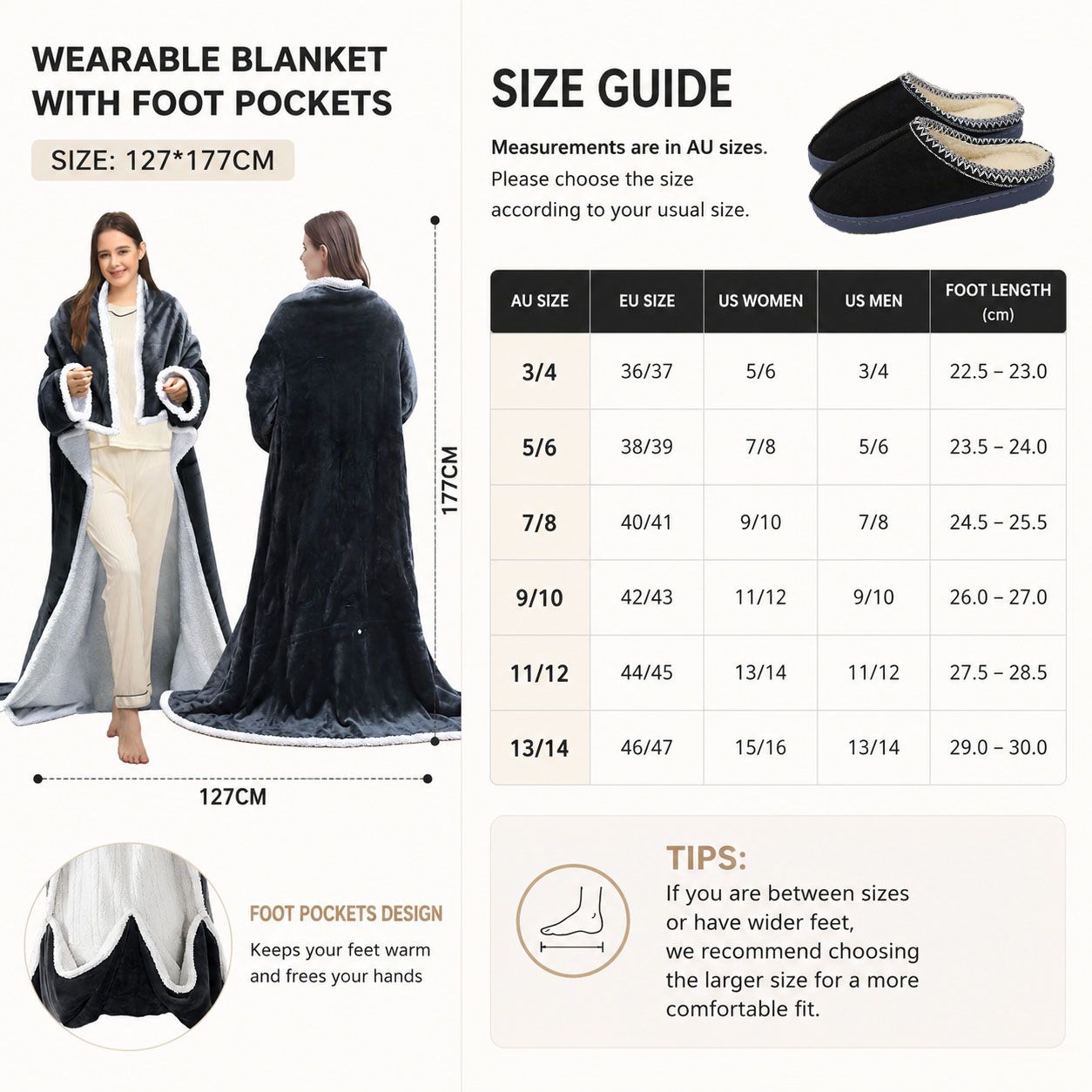 Wearable Electric Heated Blanket with Foot Pocket 127x177cm and Suede Fleece Slippers Set AU 5-6, Winter Warm Home Comfort Bundle