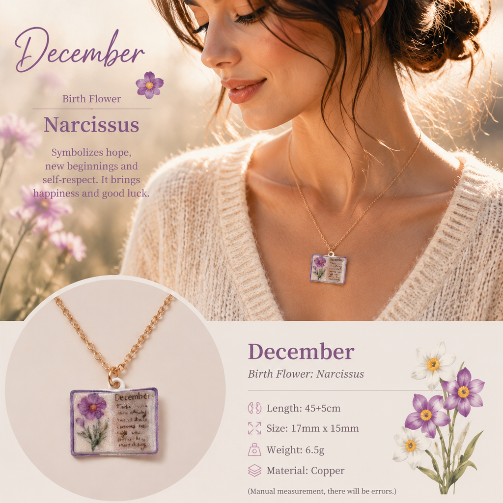 Vintage-style book necklace with December birthday flowers, a luxurious gold-plated bronze exquisite floral pendant gift