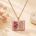 Vintage-style book necklace with June birthday flowers, a luxurious gold-plated bronze exquisite floral pendant gift