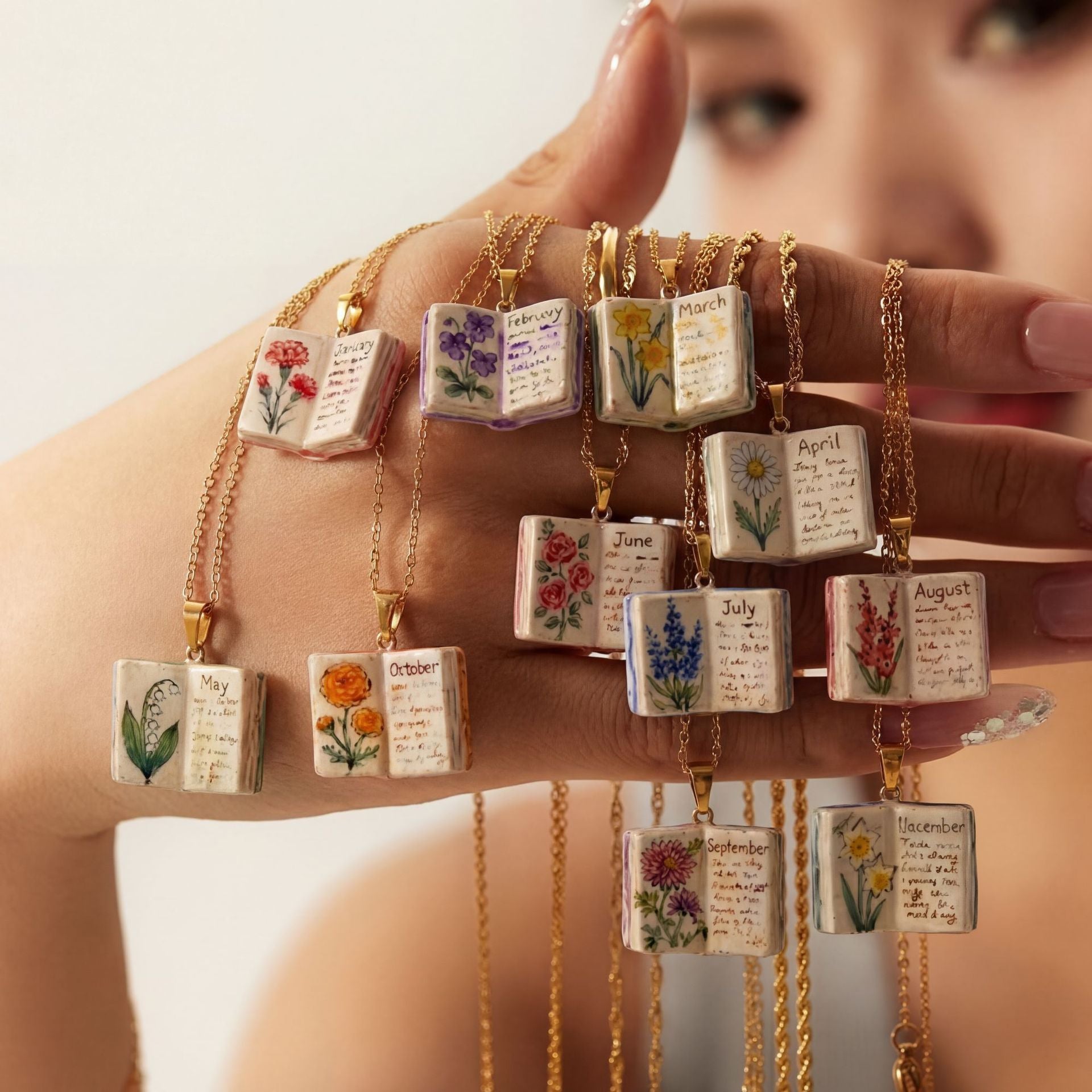 Vintage-style book necklace with June birthday flowers, a luxurious gold-plated bronze exquisite floral pendant gift