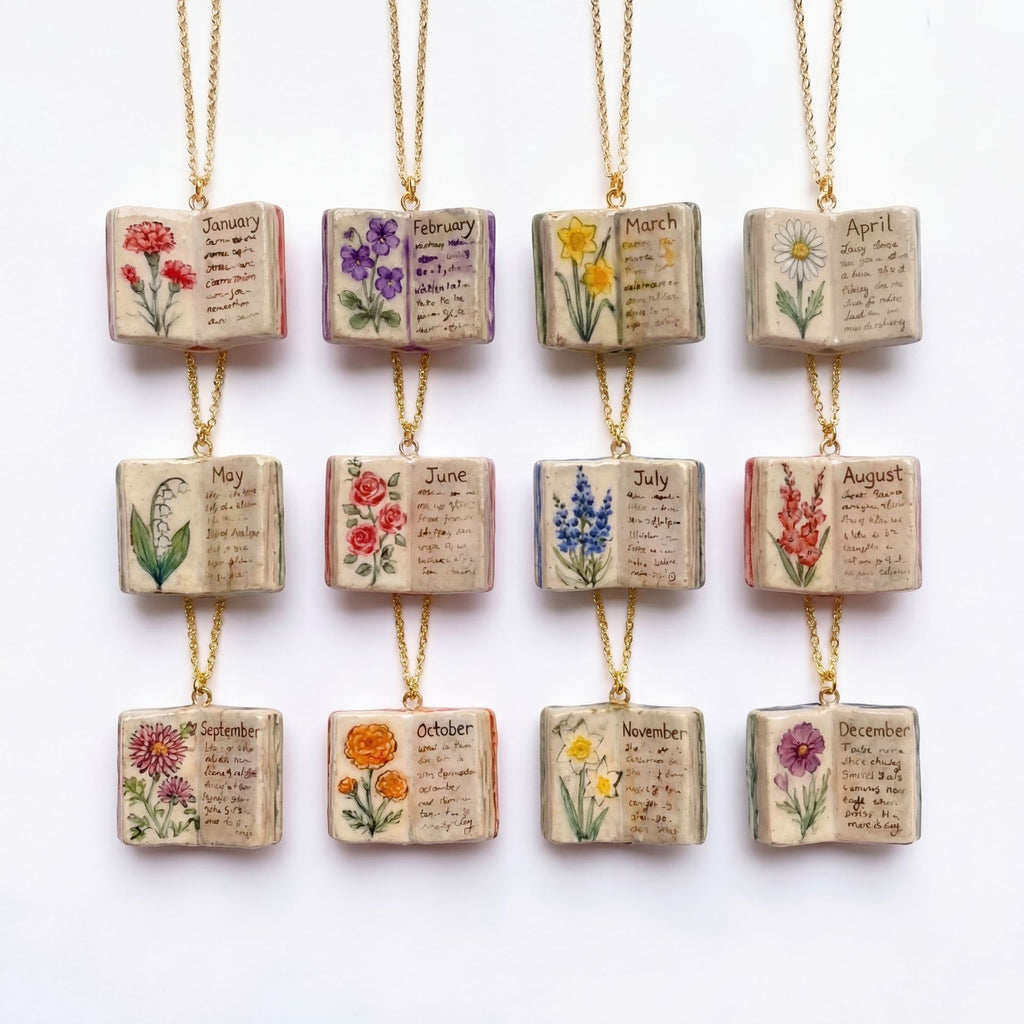 Vintage-style book necklace with July birthday flowers, a luxurious gold-plated bronze exquisite floral pendant gift