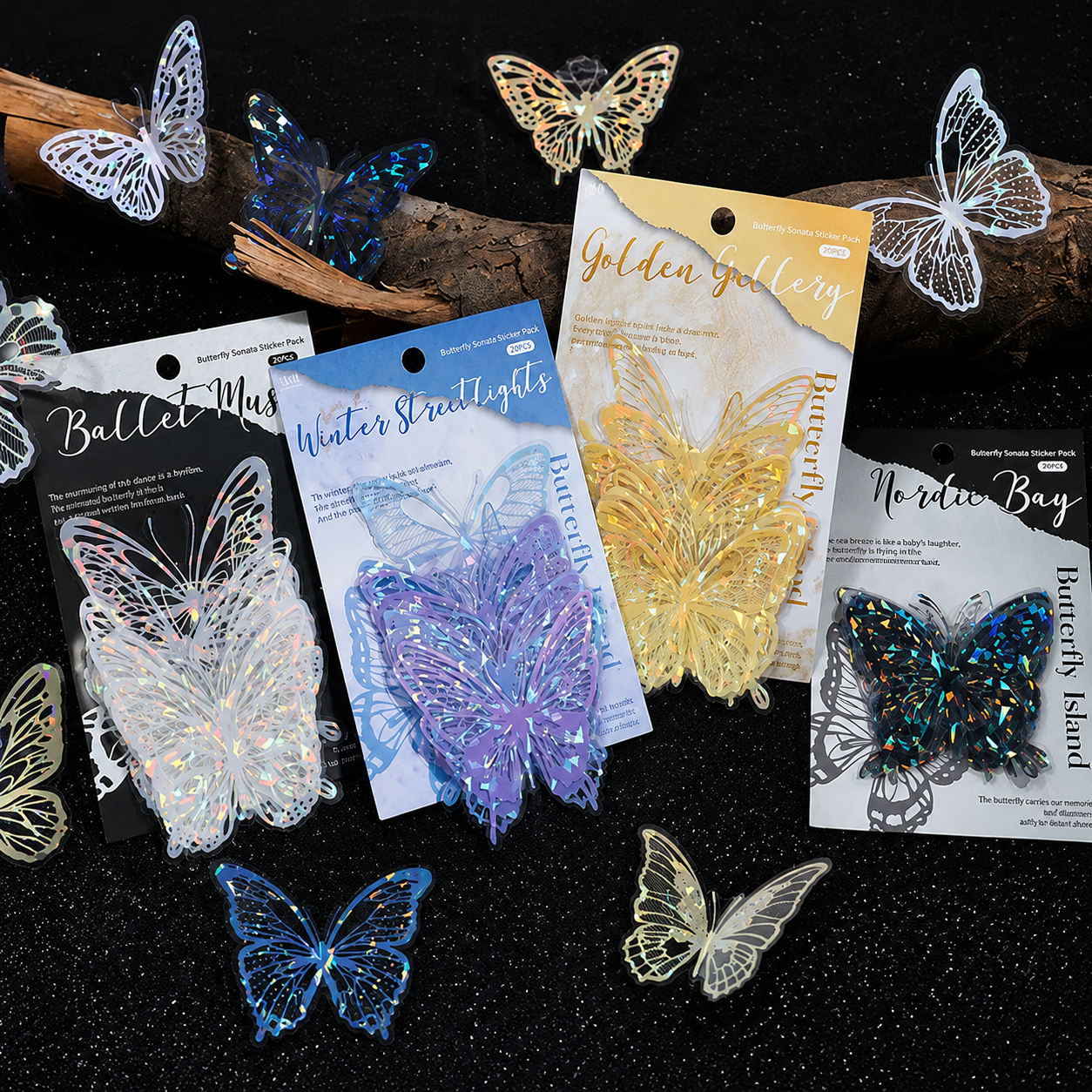 White Butterfly Holographic Cake Stickers PET Seashell Gloss Butterfly Cake Decorations DIY Dessert Toppers Party Supplies 20pcs x 2 Packs