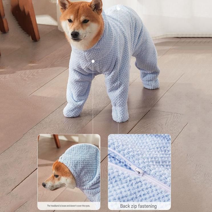 Pet Wearable Bathrobe Towel (Size L) - Quick-drying, absorbent full-body cover with hood and zipper, suitable for dog and cat grooming