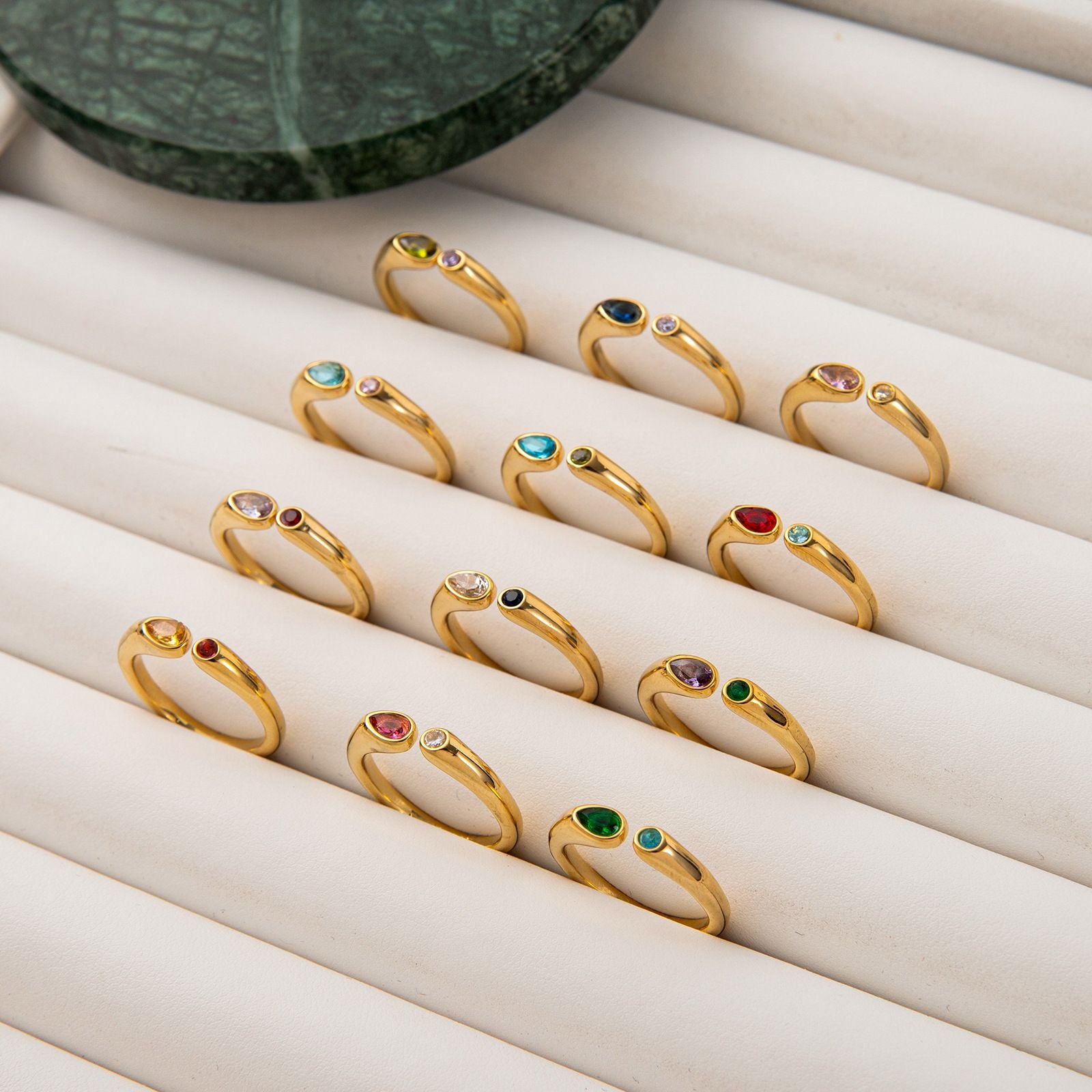 Adjustable Birthstone(July) Open Ring Set 18K Gold Plated Stainless Steel Minimalist Dainty Stackable Gemstone Rings Personalized Jewelry Gift Box Included Everyday Wear Gift