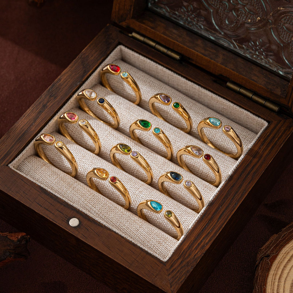 Adjustable Birthstone(December) Open Ring Set 18K Gold Plated Stainless Steel Minimalist Dainty Stackable Gemstone Rings Personalized Jewelry Gift Box Included Everyday Wear Gift