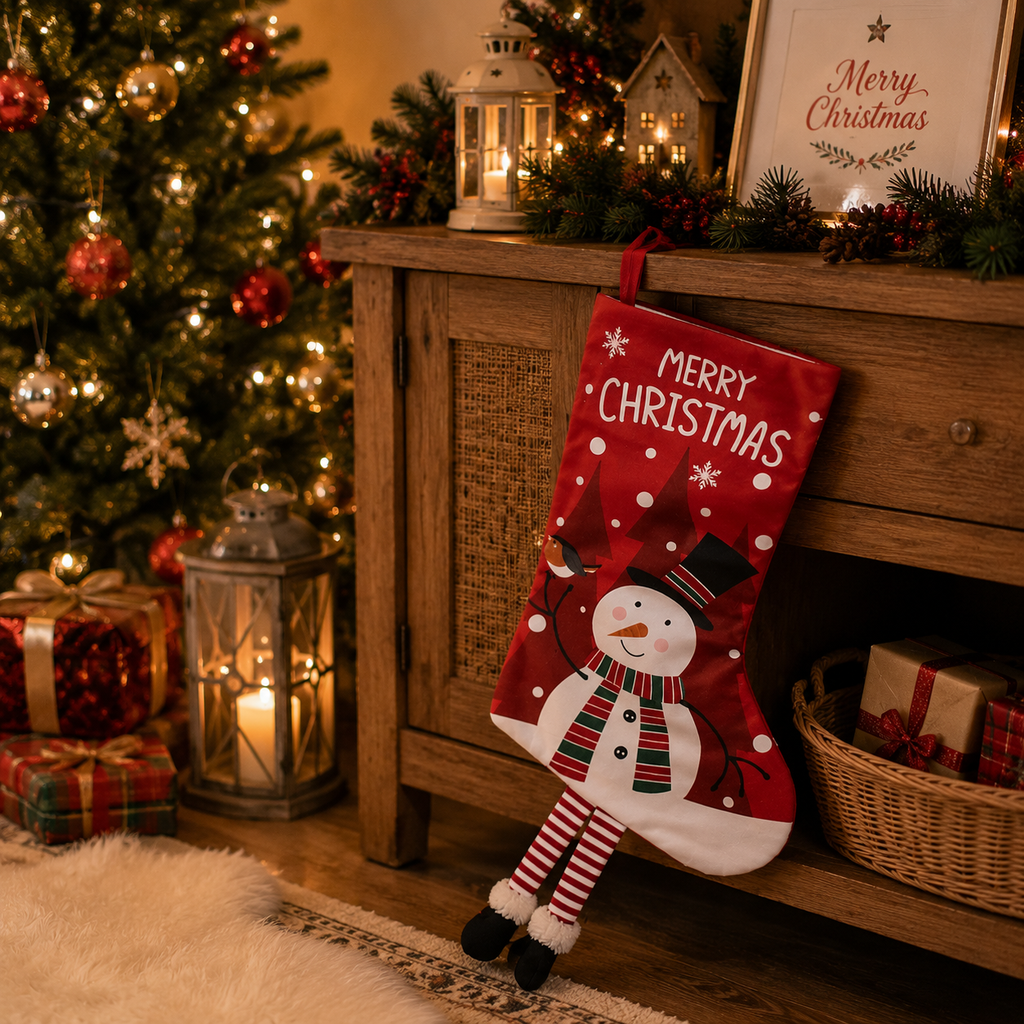 Snowman Hanging Stocking - Festive Red Snowman Design Hanging Sock with Dangling Legs Plush Holiday Fireplace Tree Decoration Gift Storage Bag for Home Seasonal Decor