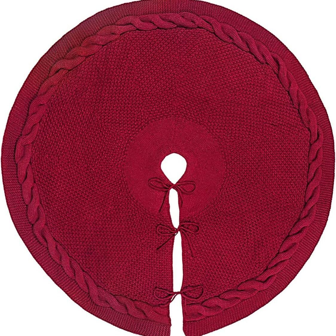 Knitted Christmas Tree Skirt 48 Inch Red Round Tree Base Cover with Cable Knit Border Soft Holiday Tree Skirt Rustic Christmas Decor for Home Fireplace Party Festive Gift Display