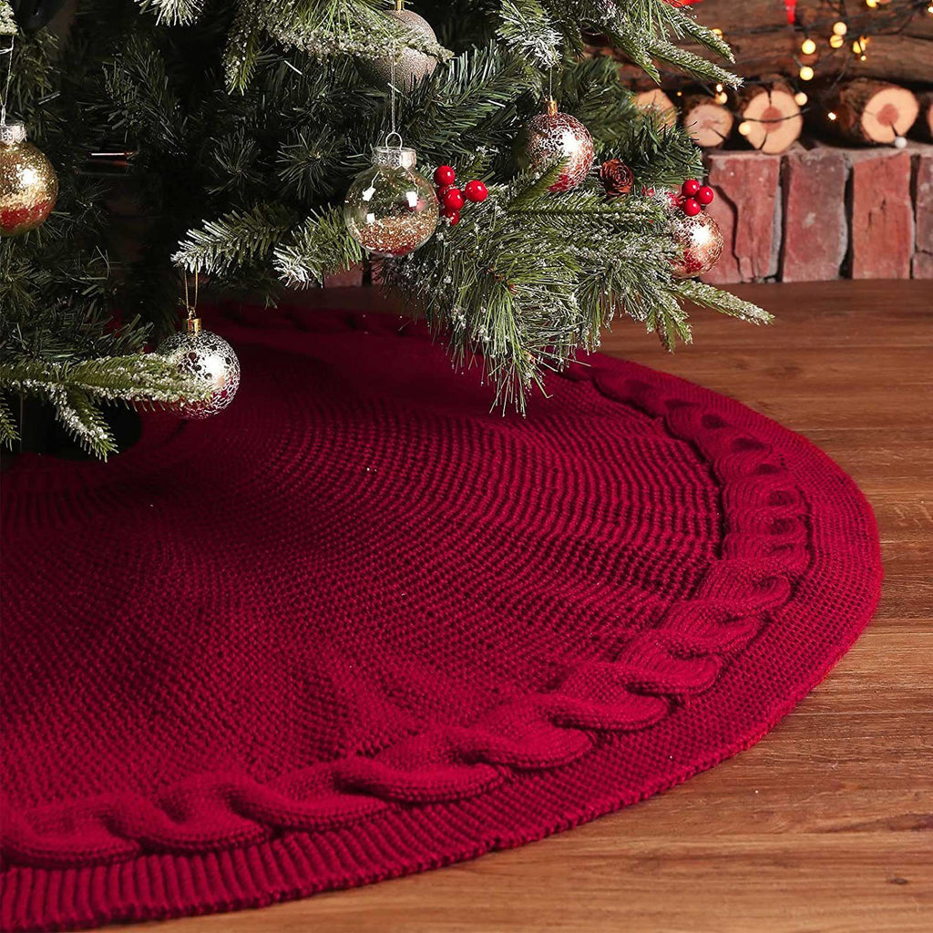Knitted Christmas Tree Skirt 36 Inch Red Round Tree Base Cover with Cable Knit Border Soft Holiday Tree Skirt Rustic Christmas Decor for Home Fireplace Party Festive Gift Display