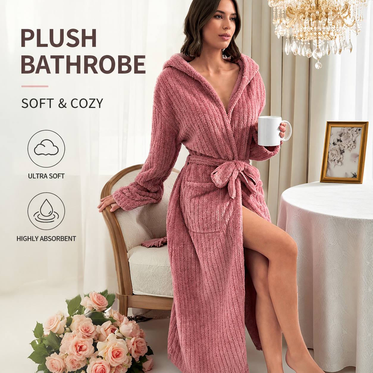 Women's Coral Fleece Hooded Bathrobe (M size) Set with 2 Pineapple Grid Towels - Ultra Soft Absorbent Loungewear for Home Spa and Post Shower Comfort