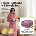Women's Coral Fleece Hooded Bathrobe (L size) Set with 2 Pineapple Grid Towels - Ultra Soft Absorbent Loungewear for Home Spa and Post Shower Comfort