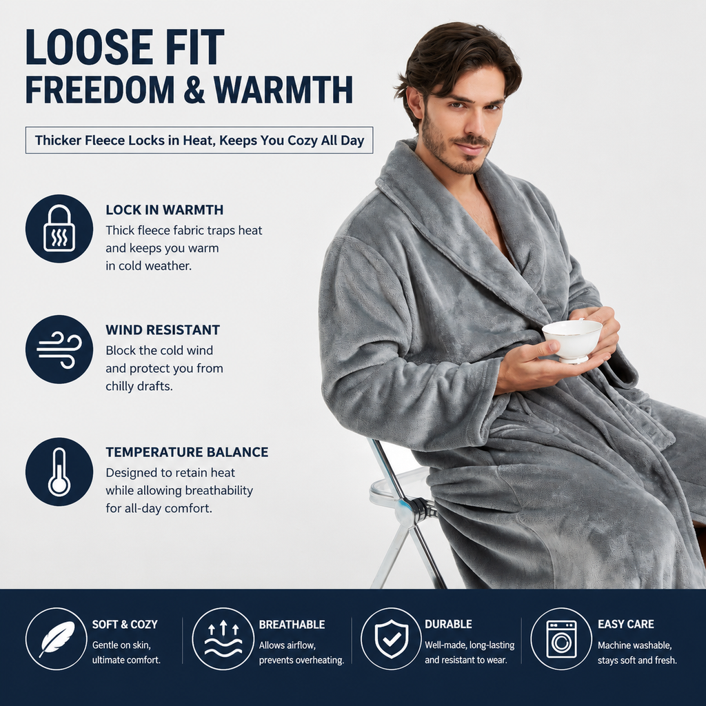 Men's Flannel Bathrobe Grey M Size - Soft Coral Fleece Hooded Kimono Collar Dressing Gown Loose Fit Warm Comfortable Loungewear Home Spa Easy Care Machine Washable