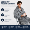 Men's Flannel Bathrobe Grey M Size - Soft Coral Fleece Hooded Kimono Collar Dressing Gown Loose Fit Warm Comfortable Loungewear Home Spa Easy Care Machine Washable