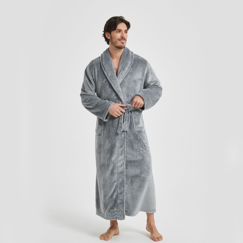 Men's Flannel Bathrobe Grey XL Size - Soft Coral Fleece Hooded Kimono Collar Dressing Gown Loose Fit Warm Comfortable Loungewear Home Spa Easy Care Machine Washable