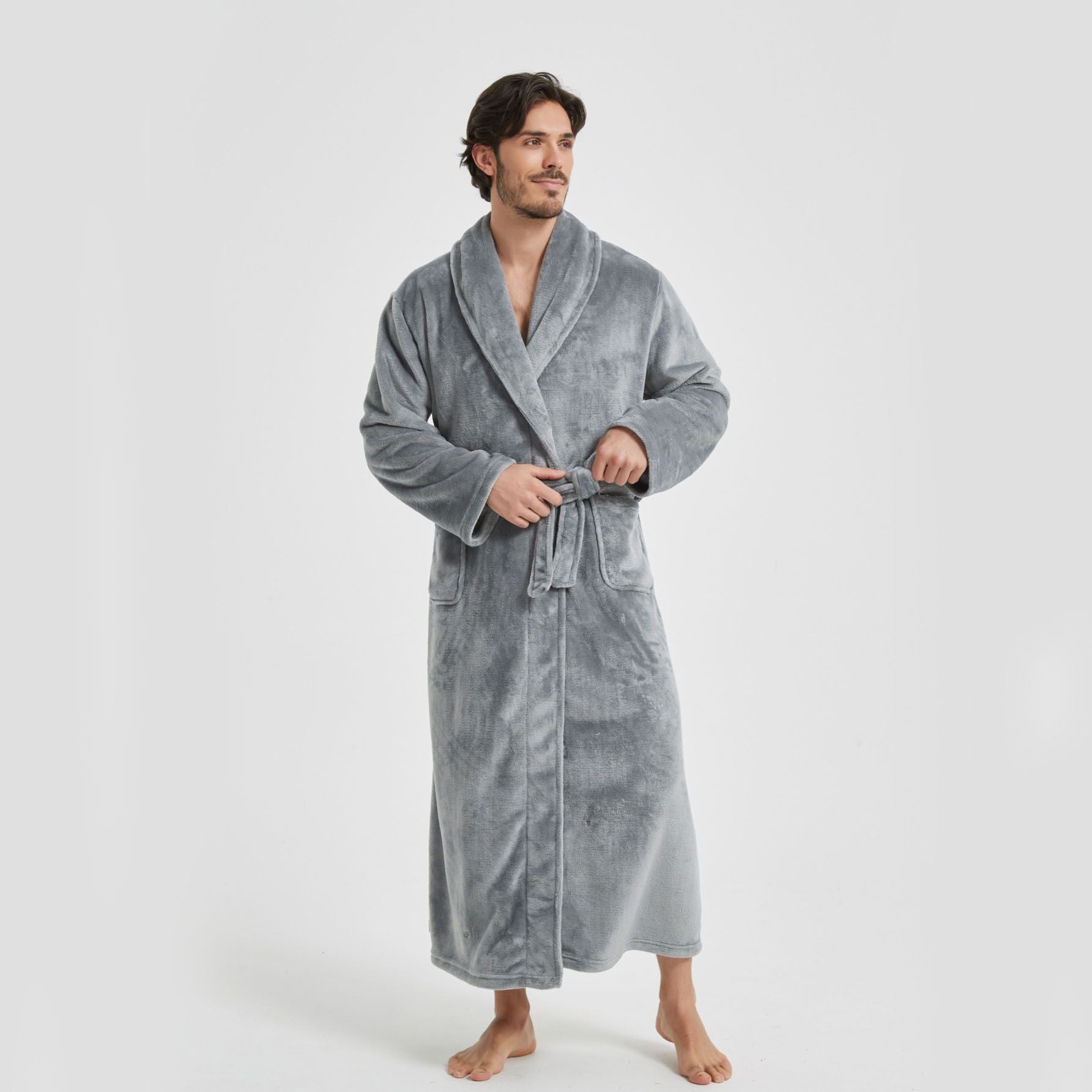 Men's Flannel Bathrobe Grey XL Size - Soft Coral Fleece Hooded Kimono Collar Dressing Gown Loose Fit Warm Comfortable Loungewear Home Spa Easy Care Machine Washable