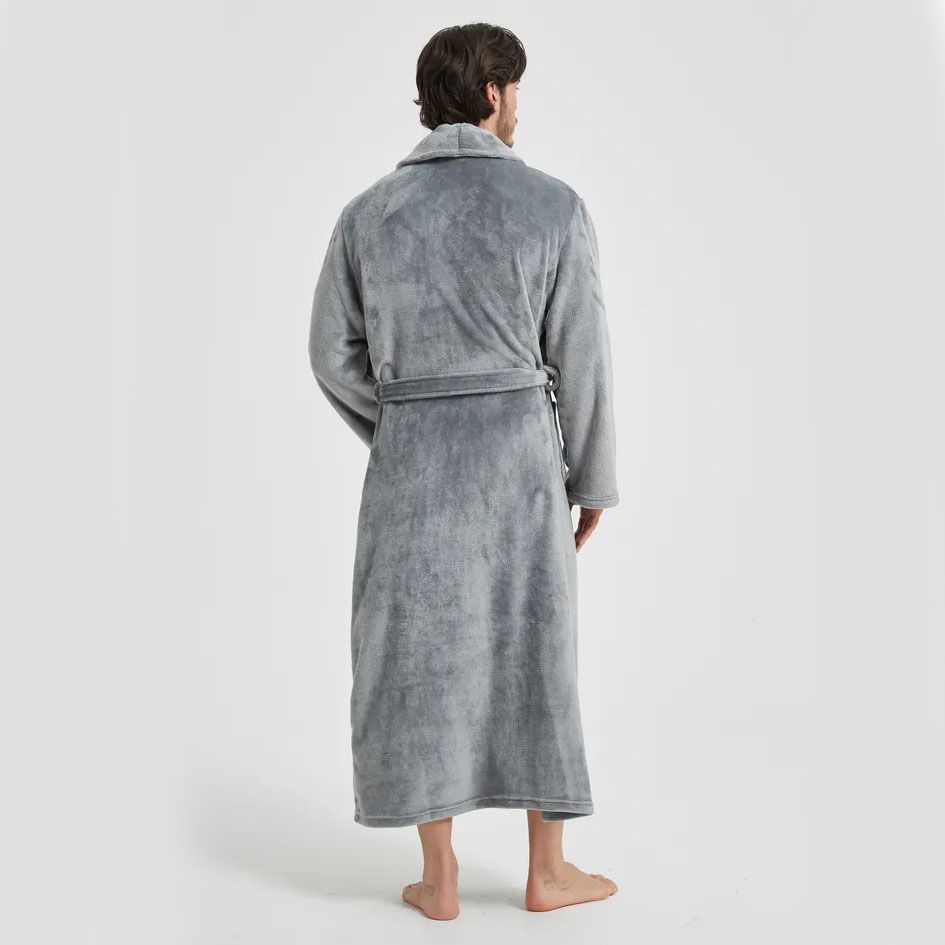 Men's Flannel Bathrobe Grey XL Size - Soft Coral Fleece Hooded Kimono Collar Dressing Gown Loose Fit Warm Comfortable Loungewear Home Spa Easy Care Machine Washable
