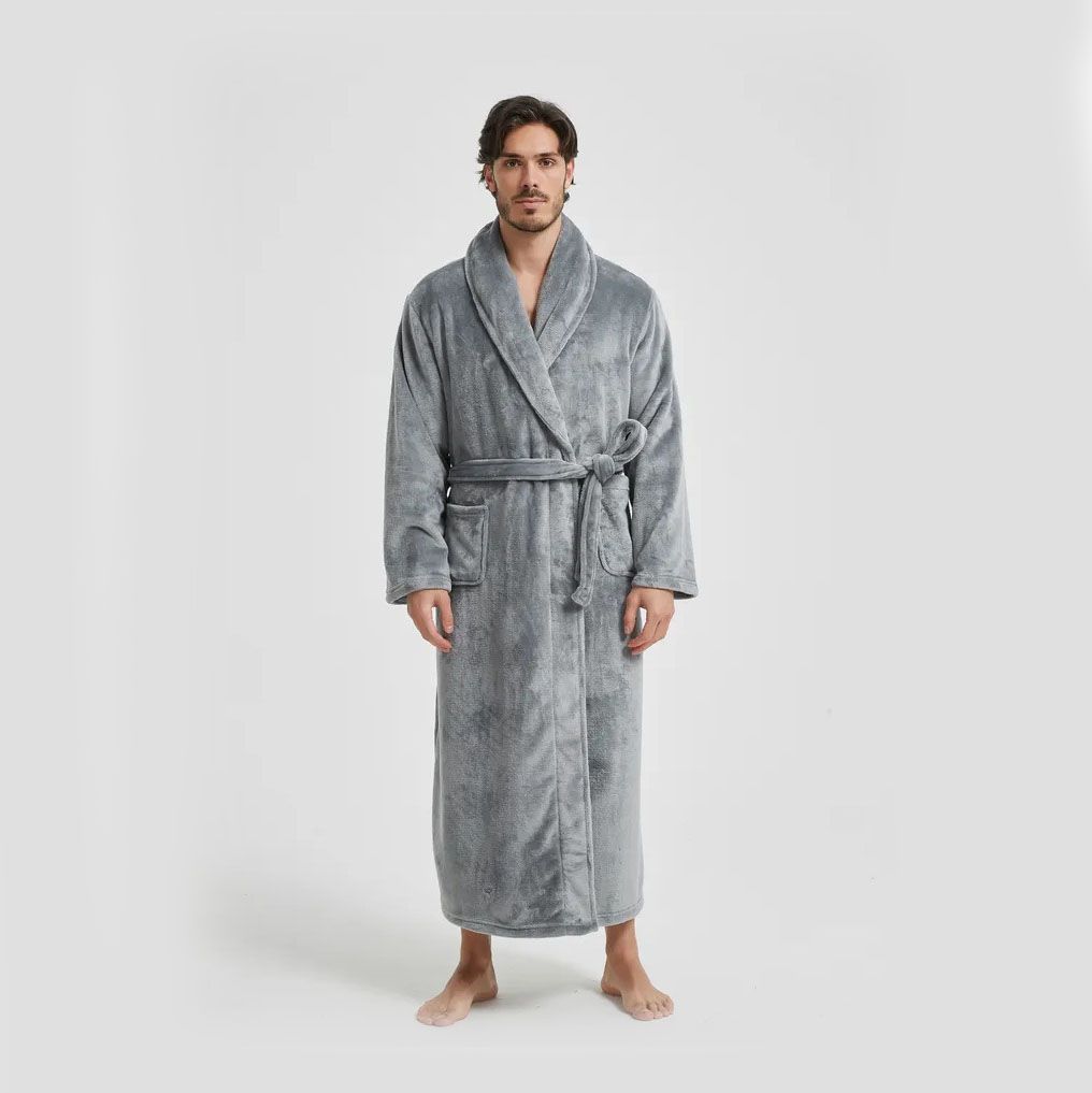 Men's Flannel Bathrobe Grey XL Size - Soft Coral Fleece Hooded Kimono Collar Dressing Gown Loose Fit Warm Comfortable Loungewear Home Spa Easy Care Machine Washable