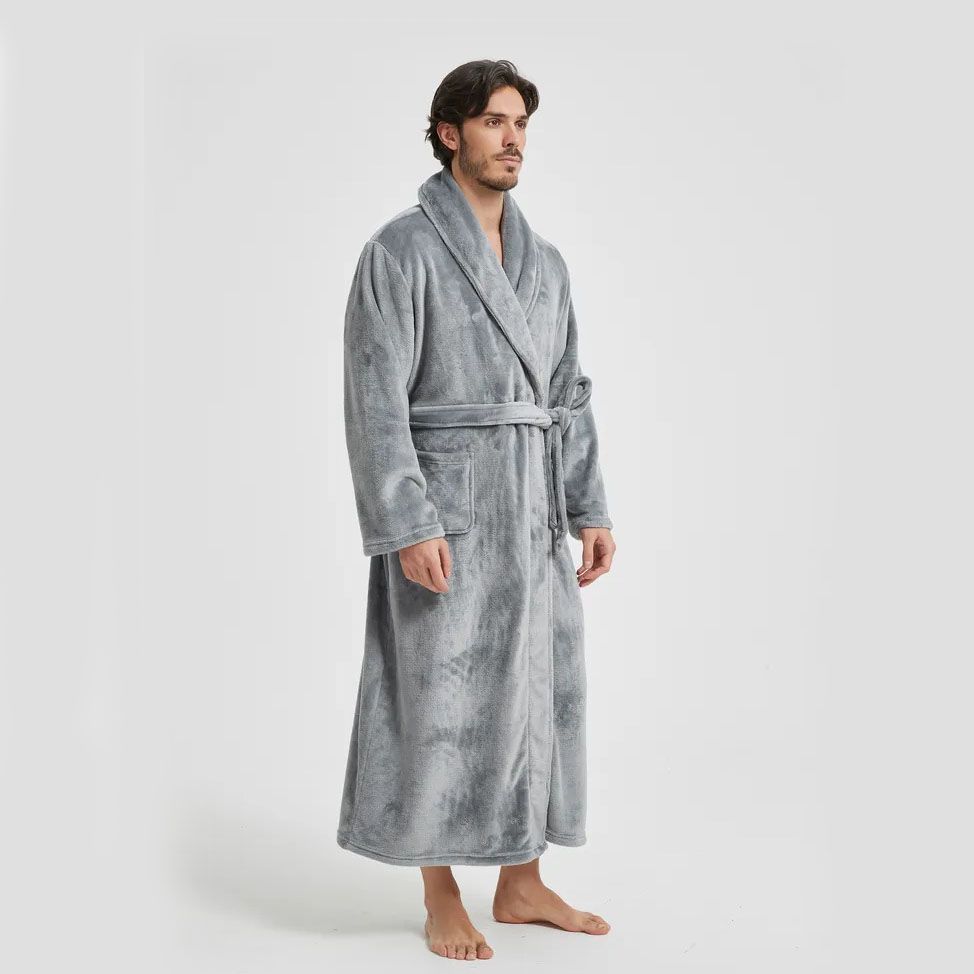 Men's Flannel Bathrobe Grey XL Size - Soft Coral Fleece Hooded Kimono Collar Dressing Gown Loose Fit Warm Comfortable Loungewear Home Spa Easy Care Machine Washable