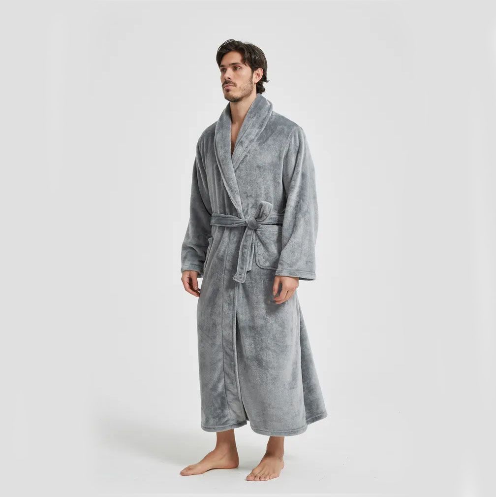 Men's Flannel Bathrobe Grey XXL Size - Soft Coral Fleece Hooded Kimono Collar Dressing Gown Loose Fit Warm Comfortable Loungewear Home Spa Easy Care Machine Washable