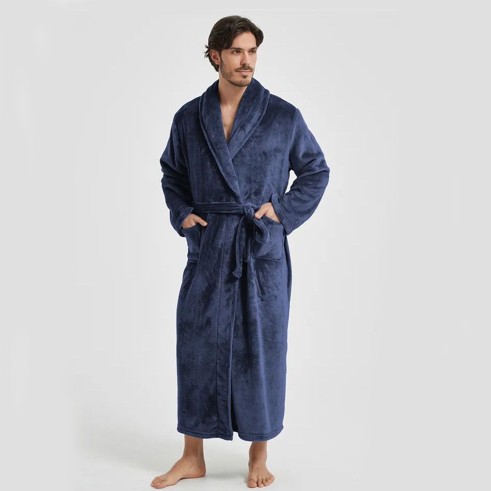 Men's Flannel Bathrobe blue M Size - Soft Coral Fleece Hooded Kimono Collar Dressing Gown Loose Fit Warm Comfortable Loungewear Home Spa Easy Care Machine Washable