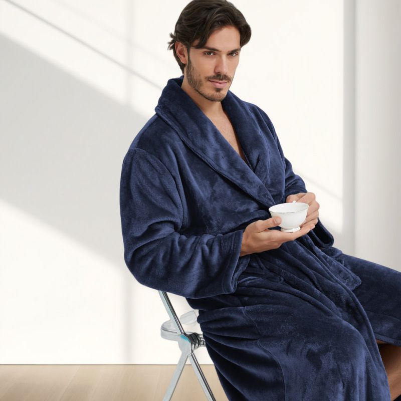Men's Flannel Bathrobe blue L Size - Soft Coral Fleece Hooded Kimono Collar Dressing Gown Loose Fit Warm Comfortable Loungewear Home Spa Easy Care Machine Washable