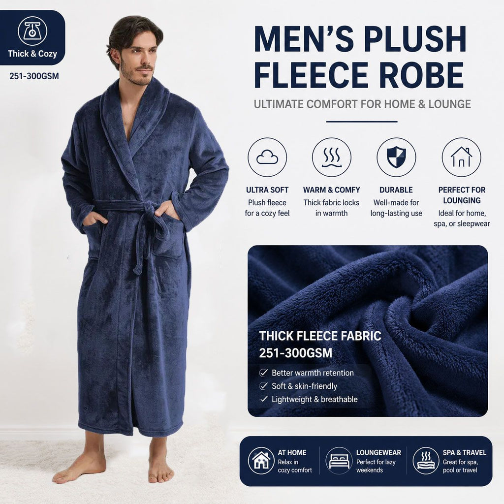 Men's Flannel Bathrobe blue XL Size - Soft Coral Fleece Hooded Kimono Collar Dressing Gown Loose Fit Warm Comfortable Loungewear Home Spa Easy Care Machine Washable