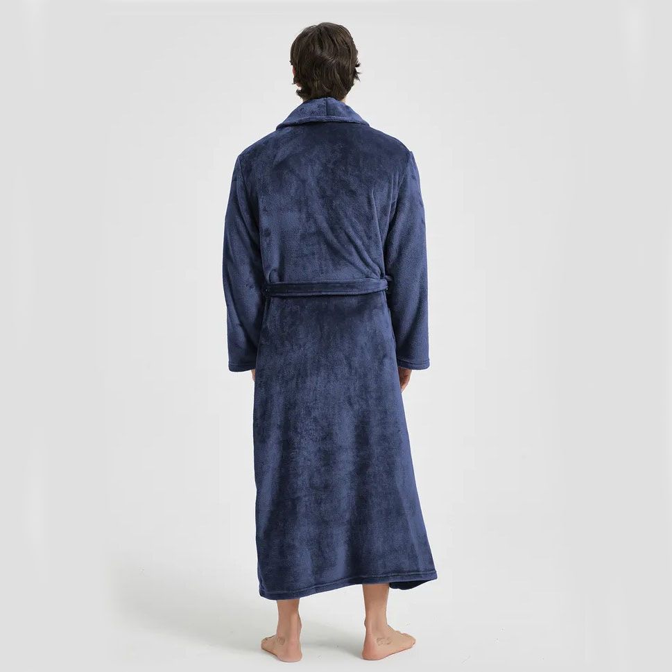 Men's Flannel Bathrobe blue XL Size - Soft Coral Fleece Hooded Kimono Collar Dressing Gown Loose Fit Warm Comfortable Loungewear Home Spa Easy Care Machine Washable