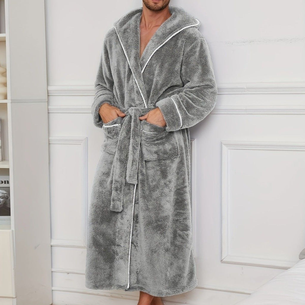 Men's Plush Fleece Hooded Bathrobe Grey M Size Shawl Collar Dressing Gown - Thick Warm Soft Winter Loungewear with Belt Deep Pockets Machine Washable Home Spa Comfort Gift Ready