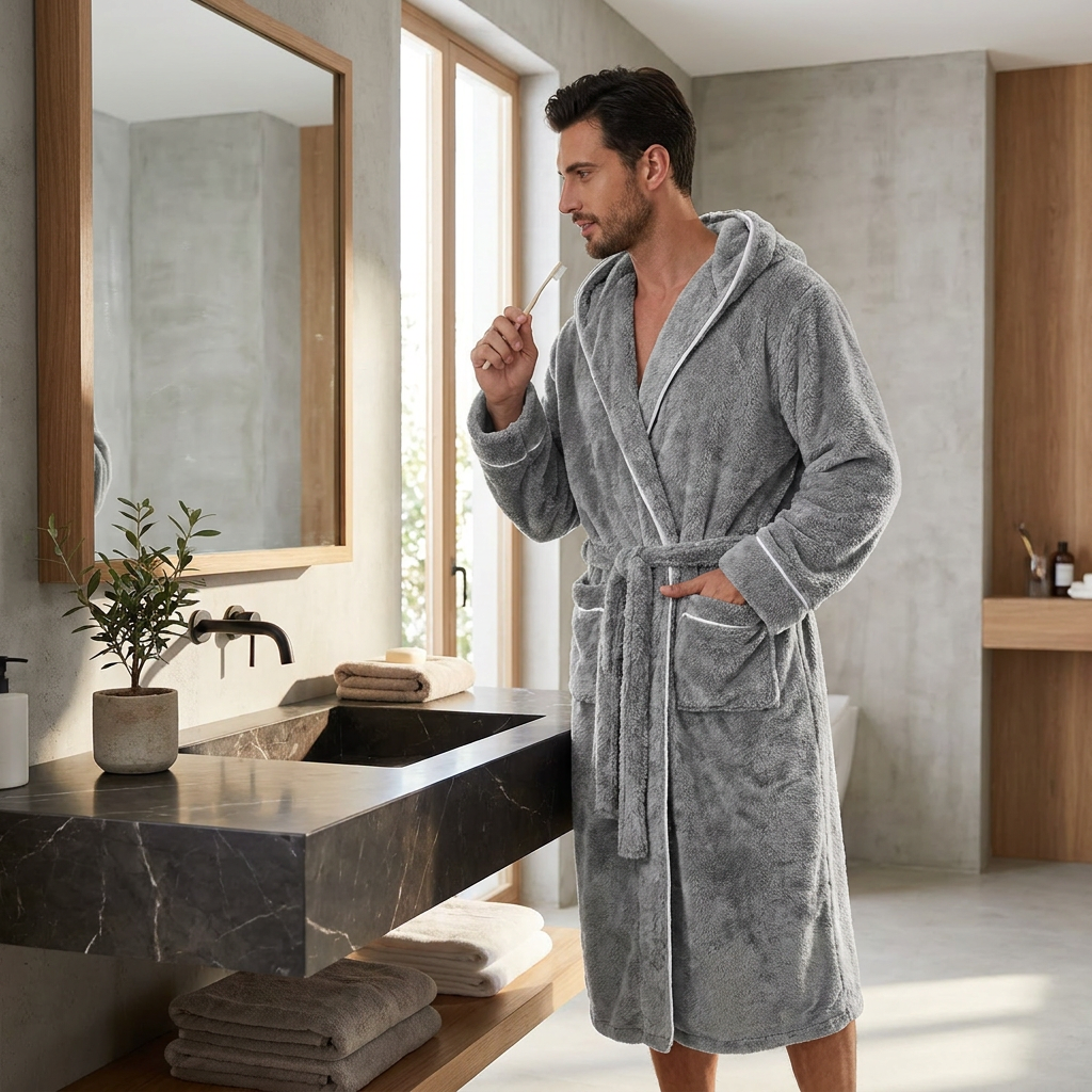 Men's Plush Fleece Hooded Bathrobe Grey L Size Shawl Collar Dressing Gown - Thick Warm Soft Winter Loungewear with Belt Deep Pockets Machine Washable Home Spa Comfort Gift Ready