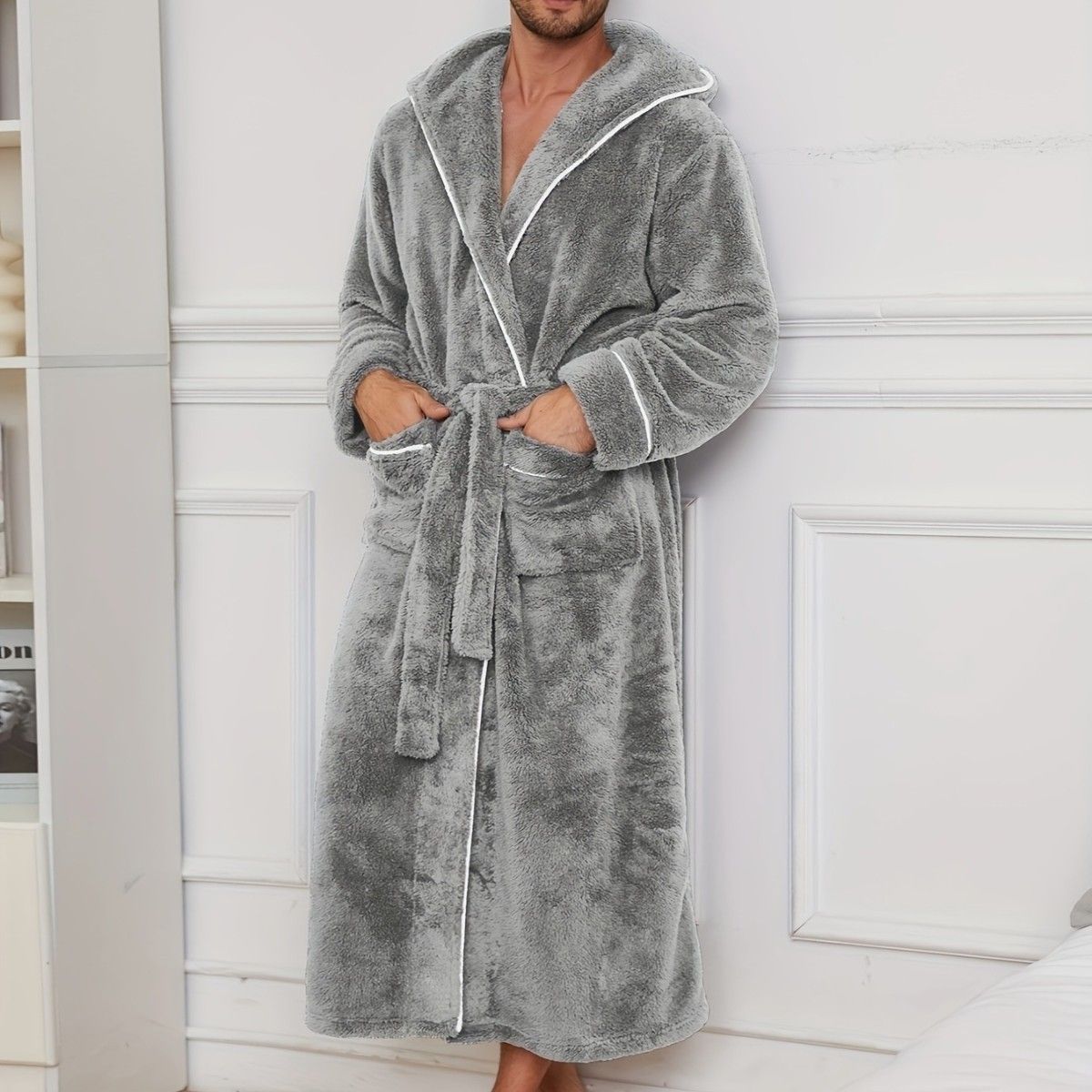 Men's Plush Fleece Hooded Bathrobe Grey L Size Shawl Collar Dressing Gown - Thick Warm Soft Winter Loungewear with Belt Deep Pockets Machine Washable Home Spa Comfort Gift Ready
