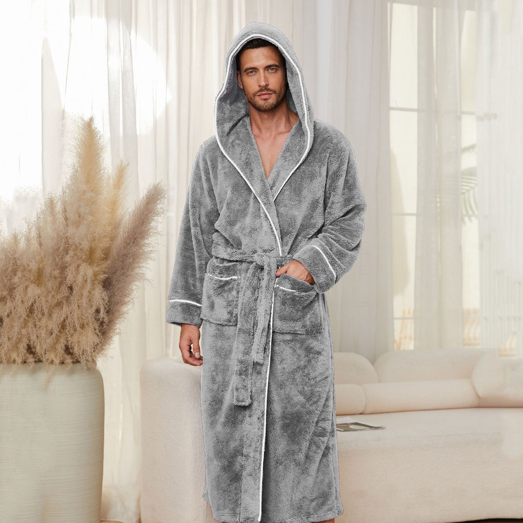 Men's Plush Fleece Hooded Bathrobe Grey XXL Size Shawl Collar Dressing Gown - Thick Warm Soft Winter Loungewear with Belt Deep Pockets Machine Washable Home Spa Comfort Gift Ready