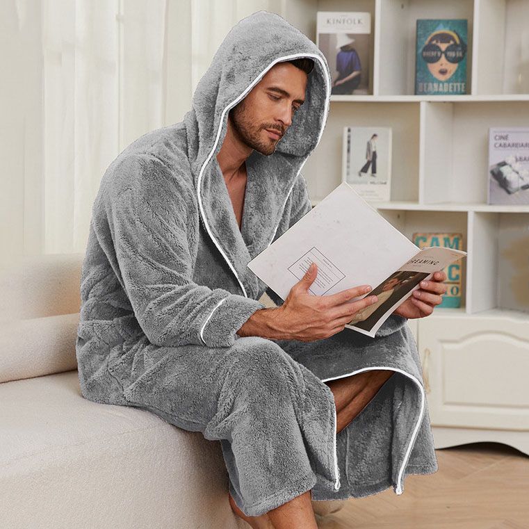 Men's Plush Fleece Hooded Bathrobe Grey XXL Size Shawl Collar Dressing Gown - Thick Warm Soft Winter Loungewear with Belt Deep Pockets Machine Washable Home Spa Comfort Gift Ready