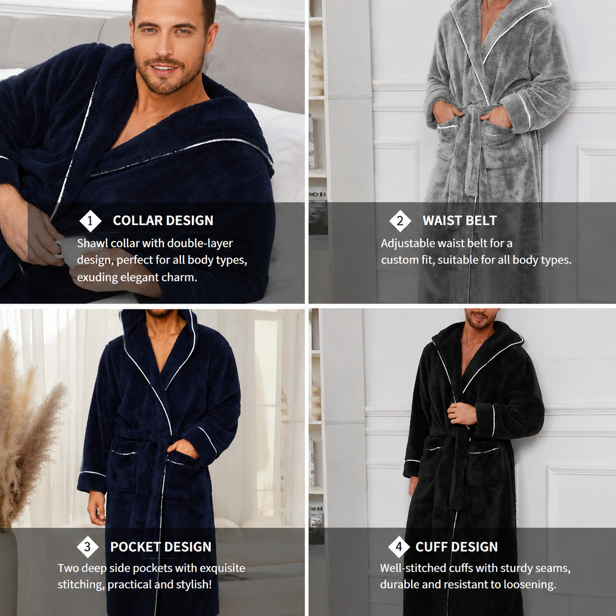 Men's Plush Fleece Hooded Bathrobe Grey XXL Size Shawl Collar Dressing Gown - Thick Warm Soft Winter Loungewear with Belt Deep Pockets Machine Washable Home Spa Comfort Gift Ready