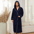Men's Plush Fleece Hooded Bathrobe Blue M Size Shawl Collar Dressing Gown - Thick Warm Soft Winter Loungewear with Belt Deep Pockets Machine Washable Home Spa Comfort Gift Ready