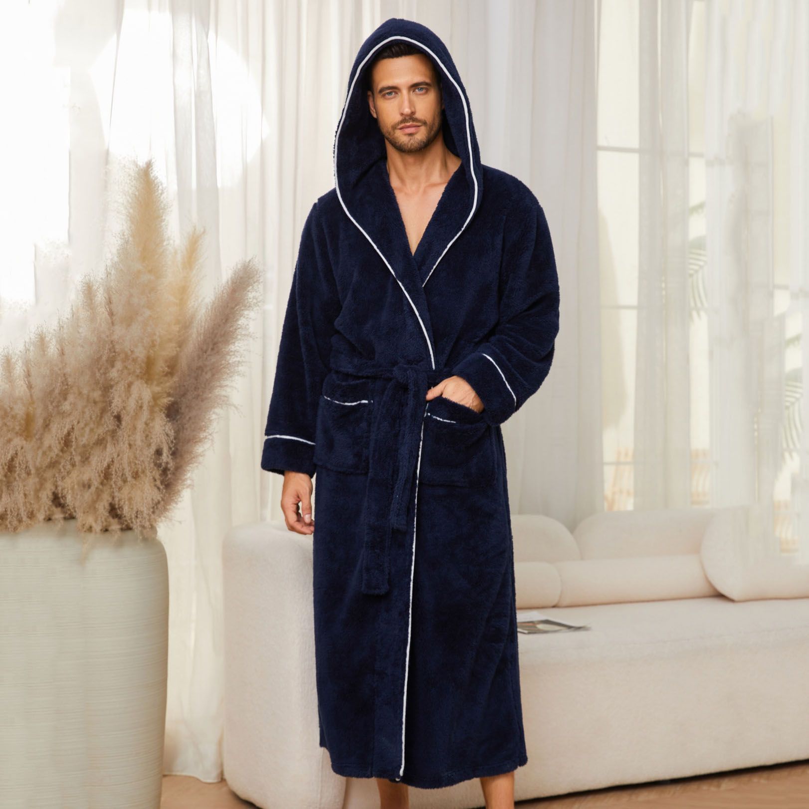 Men's Plush Fleece Hooded Bathrobe Blue M Size Shawl Collar Dressing Gown - Thick Warm Soft Winter Loungewear with Belt Deep Pockets Machine Washable Home Spa Comfort Gift Ready