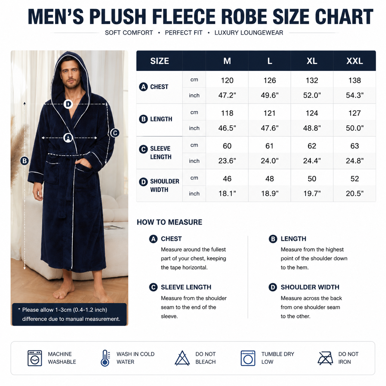 Men's Plush Fleece Hooded Bathrobe Blue L Size Shawl Collar Dressing Gown - Thick Warm Soft Winter Loungewear with Belt Deep Pockets Machine Washable Home Spa Comfort Gift Ready
