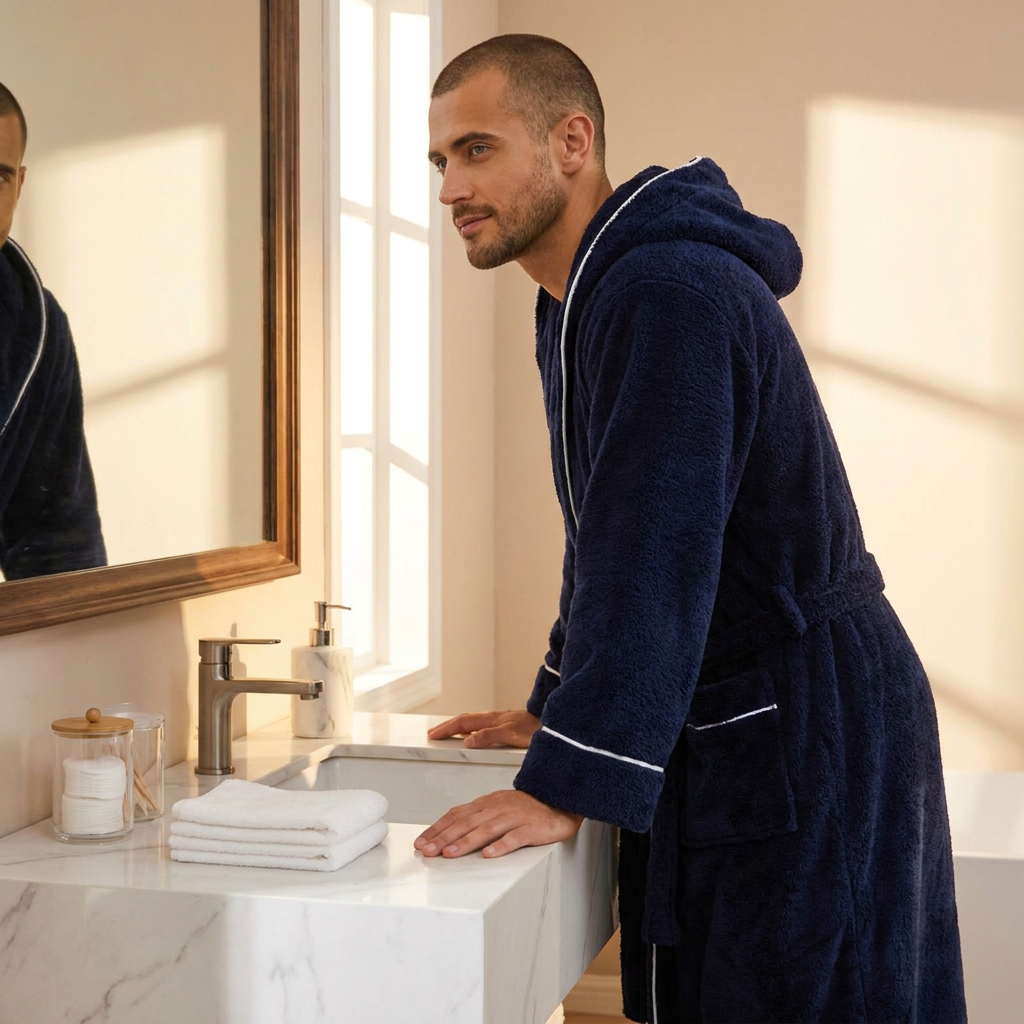 Men's Plush Fleece Hooded Bathrobe Blue XXL Size Shawl Collar Dressing Gown - Thick Warm Soft Winter Loungewear with Belt Deep Pockets Machine Washable Home Spa Comfort Gift Ready