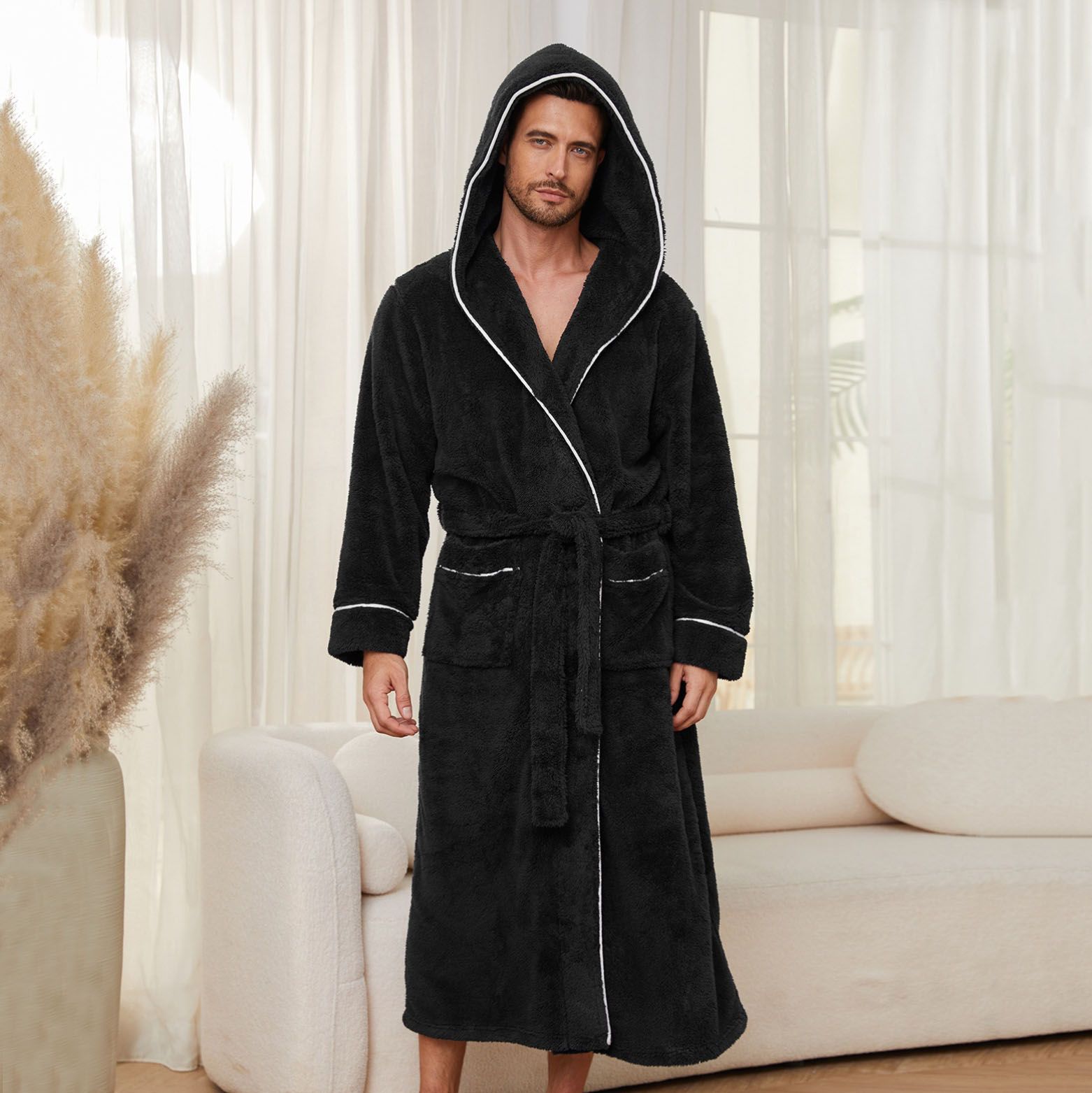 Men's Plush Fleece Hooded Bathrobe Black L Size Shawl Collar Dressing Gown - Thick Warm Soft Winter Loungewear with Belt Deep Pockets Machine Washable Home Spa Comfort Gift Ready