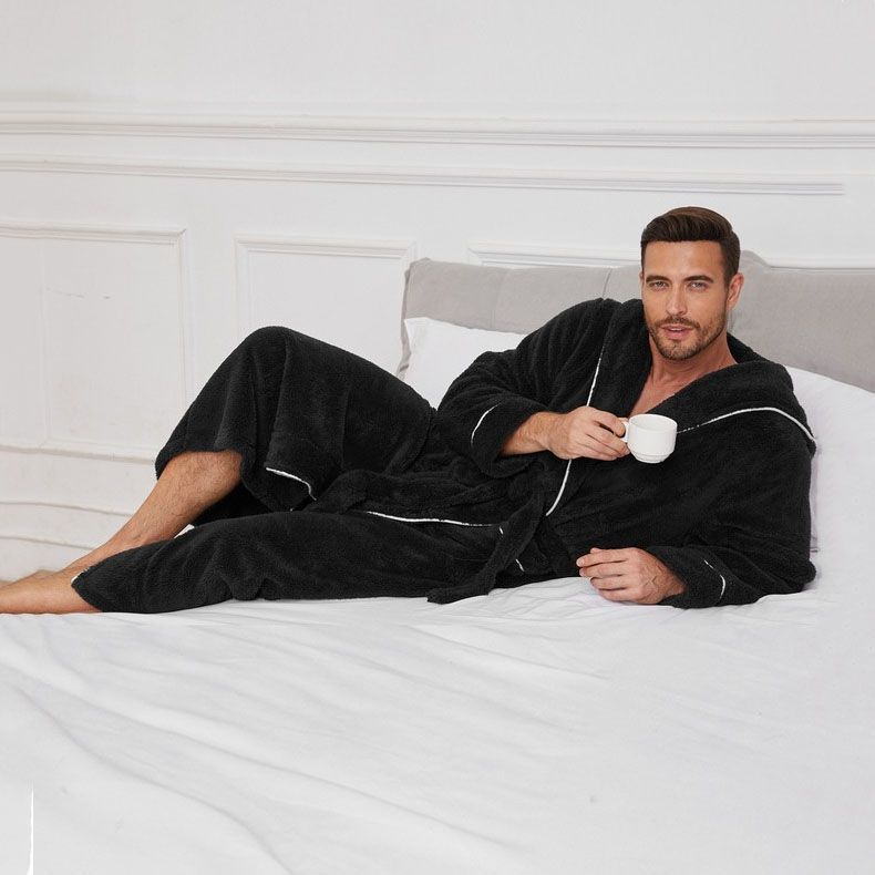Men's Plush Fleece Hooded Bathrobe Black L Size Shawl Collar Dressing Gown - Thick Warm Soft Winter Loungewear with Belt Deep Pockets Machine Washable Home Spa Comfort Gift Ready