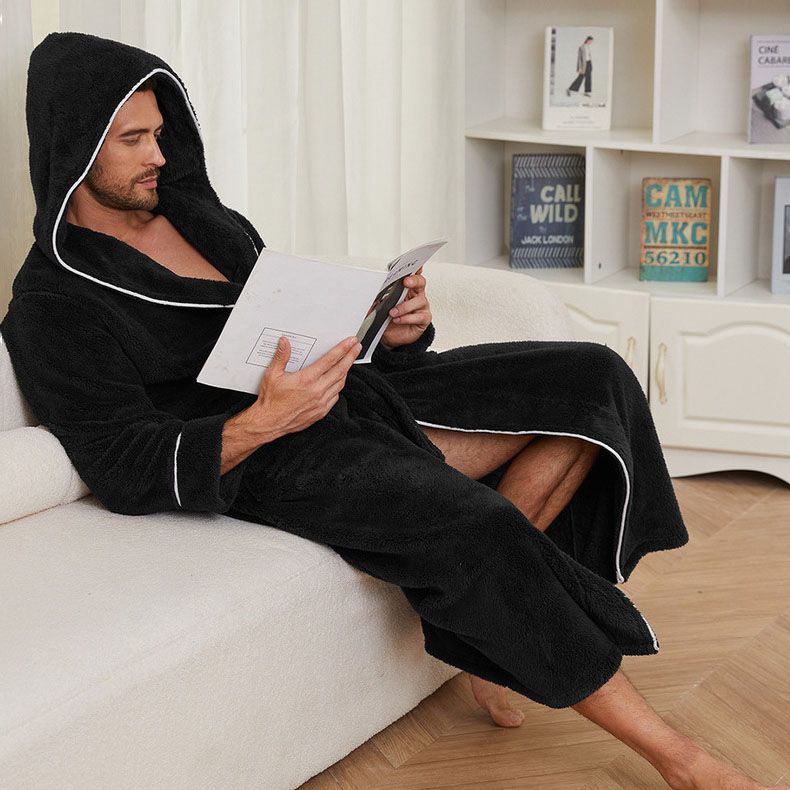 Men's Plush Fleece Hooded Bathrobe Black XL Size Shawl Collar Dressing Gown - Thick Warm Soft Winter Loungewear with Belt Deep Pockets Machine Washable Home Spa Comfort Gift Ready