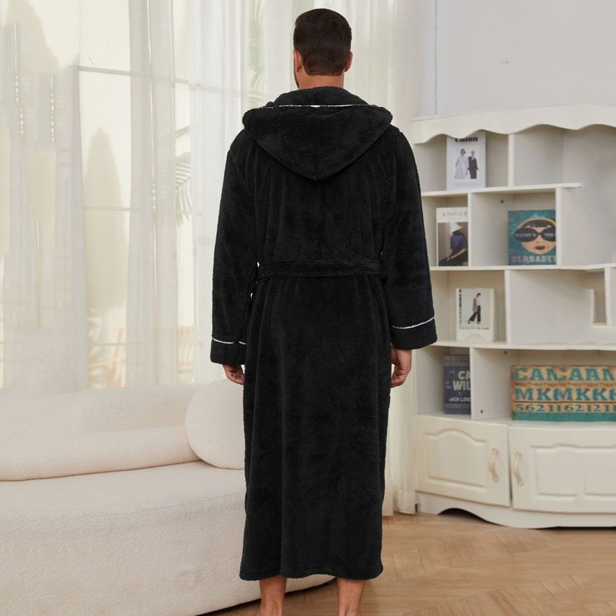 Men's Plush Fleece Hooded Bathrobe Black XXL Size Shawl Collar Dressing Gown - Thick Warm Soft Winter Loungewear with Belt Deep Pockets Machine Washable Home Spa Comfort Gift Ready