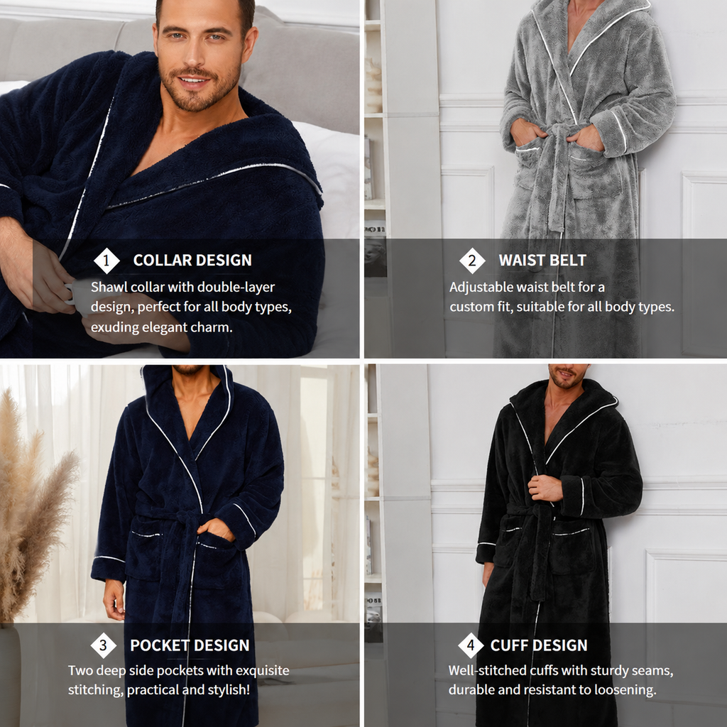 Men's Plush Fleece Hooded Bathrobe Black XXL Size Shawl Collar Dressing Gown - Thick Warm Soft Winter Loungewear with Belt Deep Pockets Machine Washable Home Spa Comfort Gift Ready